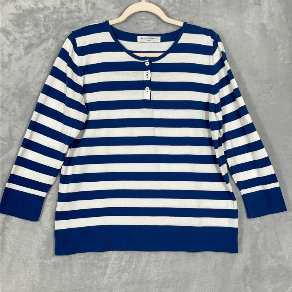 Amina Rubinacci Womens 48/ US 12 Blue White Striped 3/4 Sleeve Cotton Top Italy